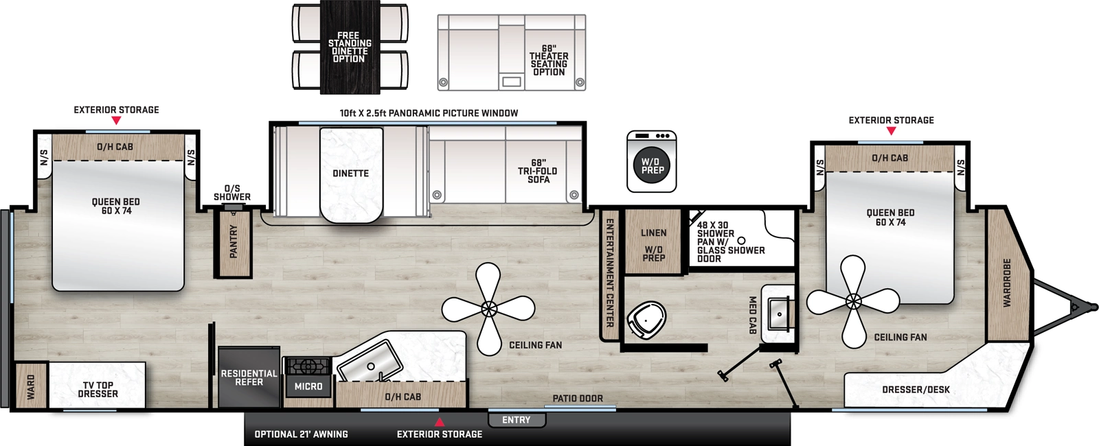 The Aurora Destination Series 40BHTS2Q floorplan has one entry and three slide outs. Exterior features include: metal exterior and 21' (opt) awning. Interiors features include: free-standing dinette option, front bedroom, rear bedroom and two bedrooms.